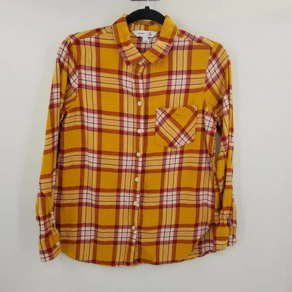 Old navy women medium plaid flannel button up shirt mustard yellow burgundy red - Picture 1 of 12